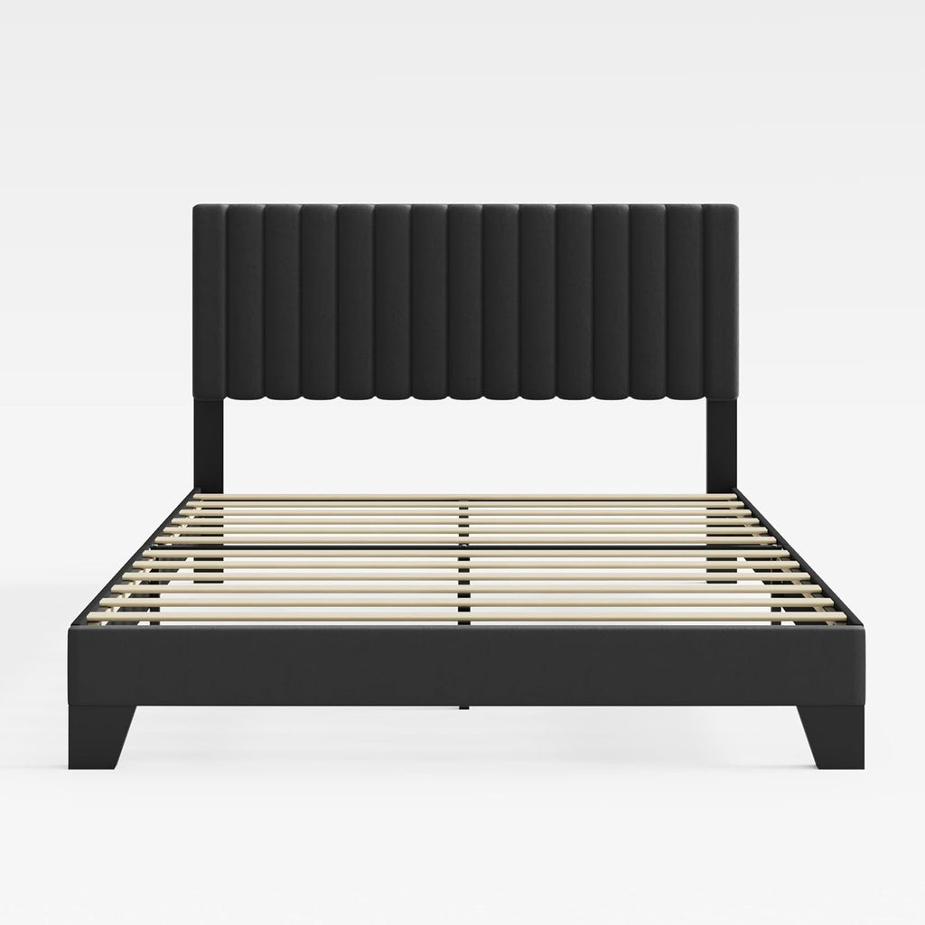 Full Size Bed Frame, Velvet Upholstered Platform Bed with Adjustable Tufted Headboard, Sturdy Frame and Slats, Noiseless, No Box Spring Required, Easy to Assemble, Black