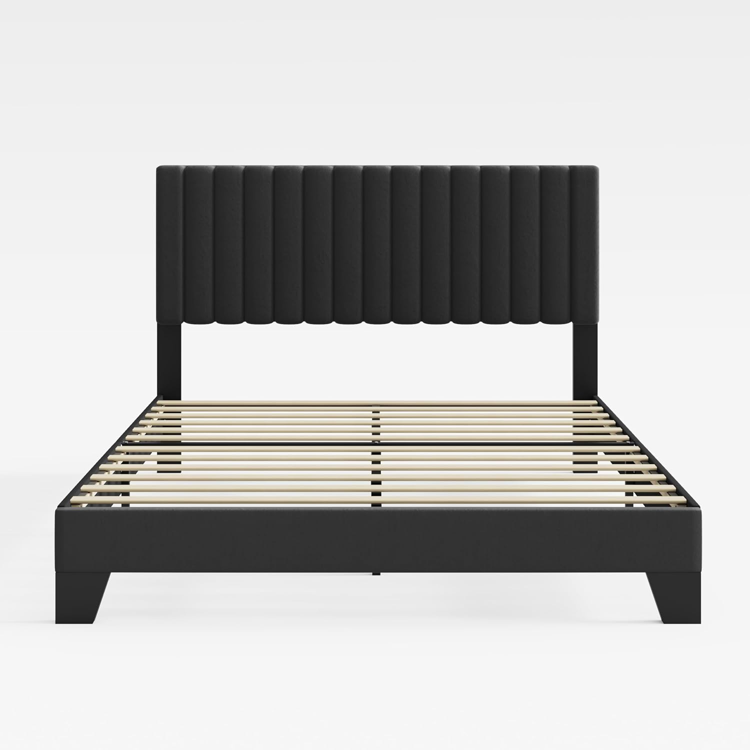 Full Size Bed Frame, Velvet Upholstered Platform Bed with Adjustable Tufted Headboard, Sturdy Frame and Slats, Noiseless, No Box Spring Required, Easy to Assemble, Black