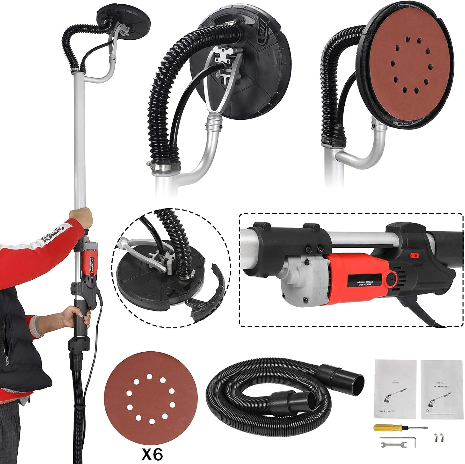 F2C Electric Drywall Sander 800w Adjustable Variable 6 Speed Disc Sander w/ 6 Sand Pads, 1000-2000RPM