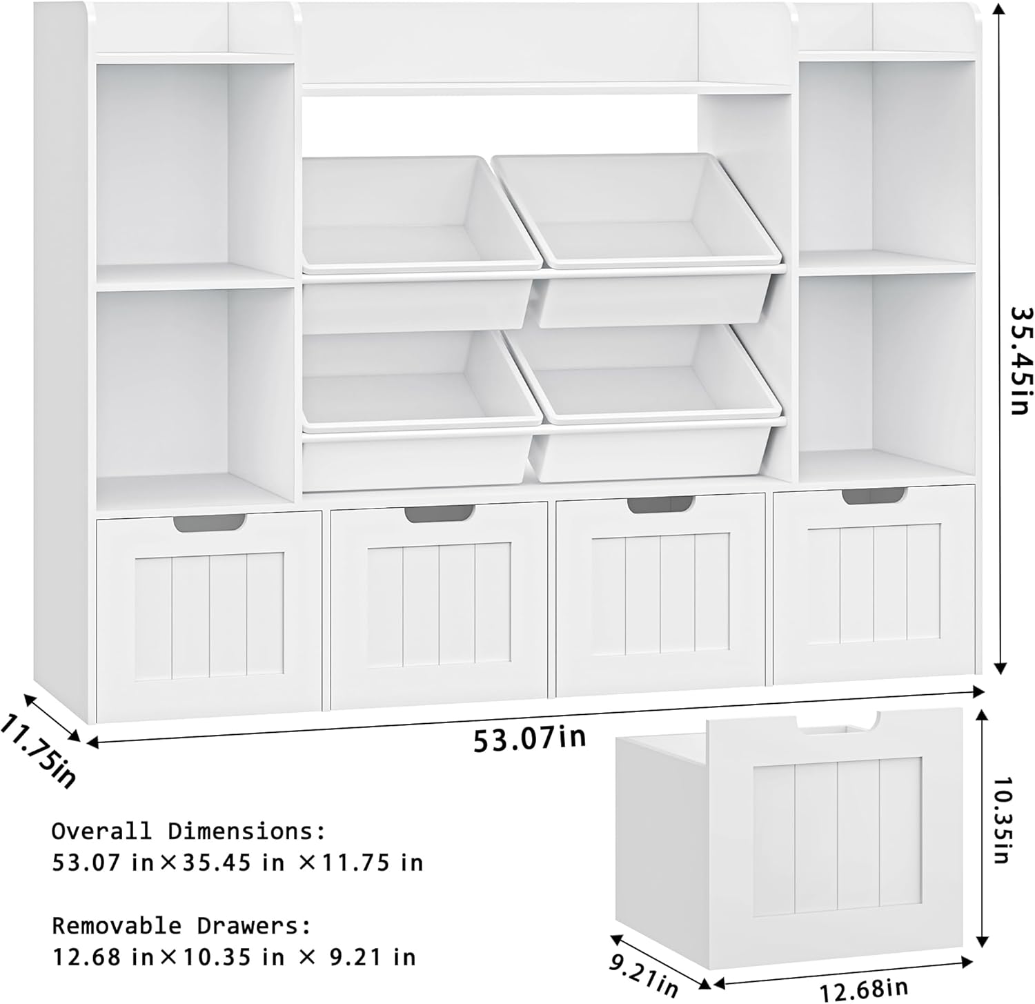 Toy Storage Organizer, Toy Organizer with 4 Movable Drawers and 4 Box Bins, Kids Playroom Storage Organization with Hidden Wheels for Living Room, Kids Room