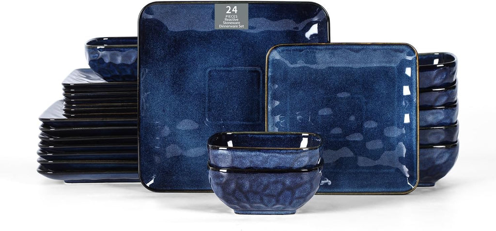 Vicrays Ceramic 24 Pieces Square Dinnerware Set - Dinner Plates Salad Plates Cereal Bowls Set Service for 8 - Scratch Resistant Microwave Oven Dishwasher Safe - Blue