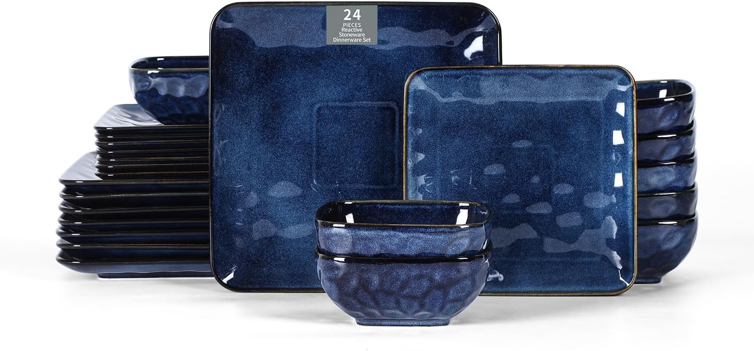 Vicrays Ceramic 24 Pieces Square Dinnerware Set - Dinner Plates Salad Plates Cereal Bowls Set Service for 8 - Scratch Resistant Microwave Oven Dishwasher Safe - Blue