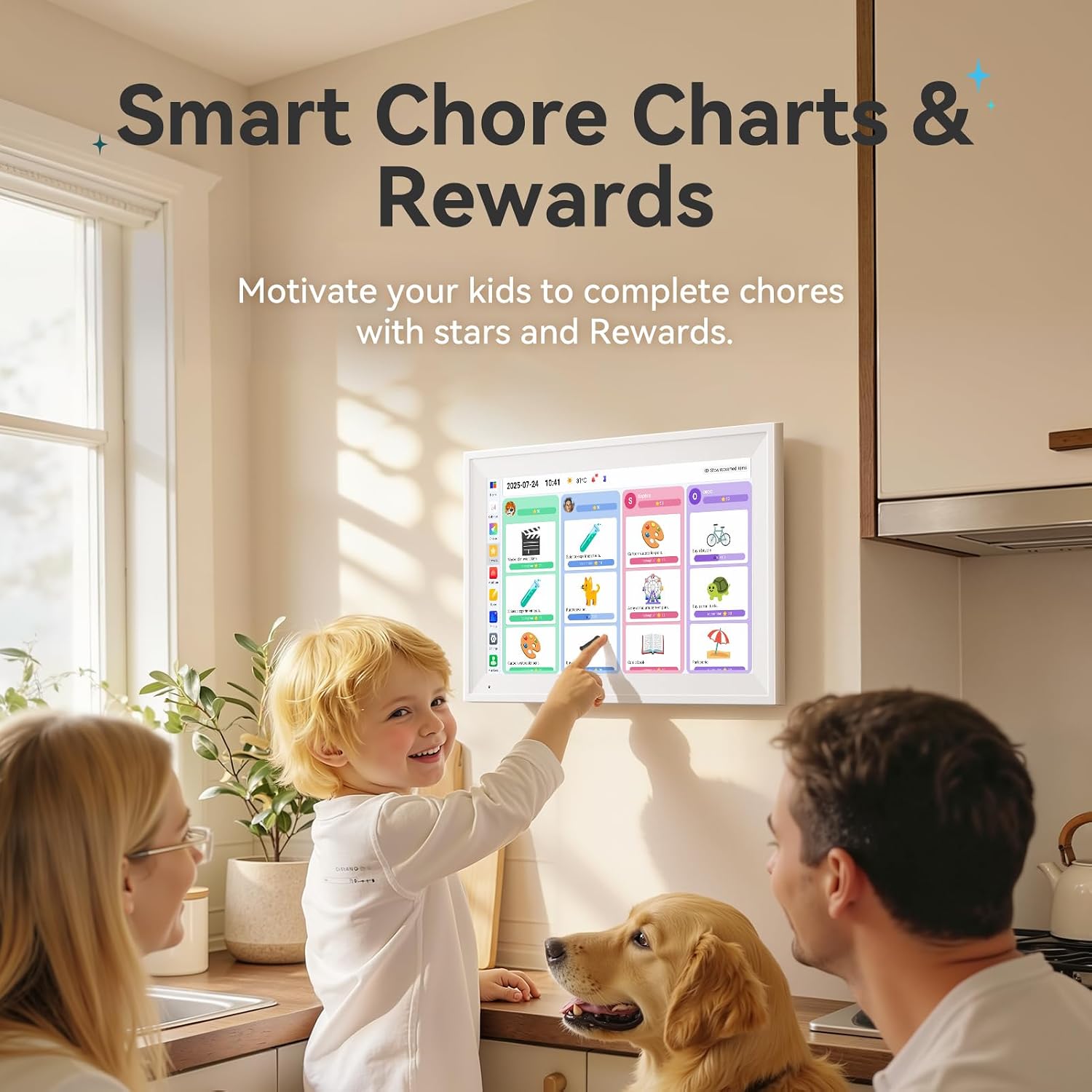 15.6-Inch Smart Digital Calendar & Chore Chart, 1080P Touchscreen Family Planner with Meal Planner & Reward System, Desk & Wall Mountable (White)