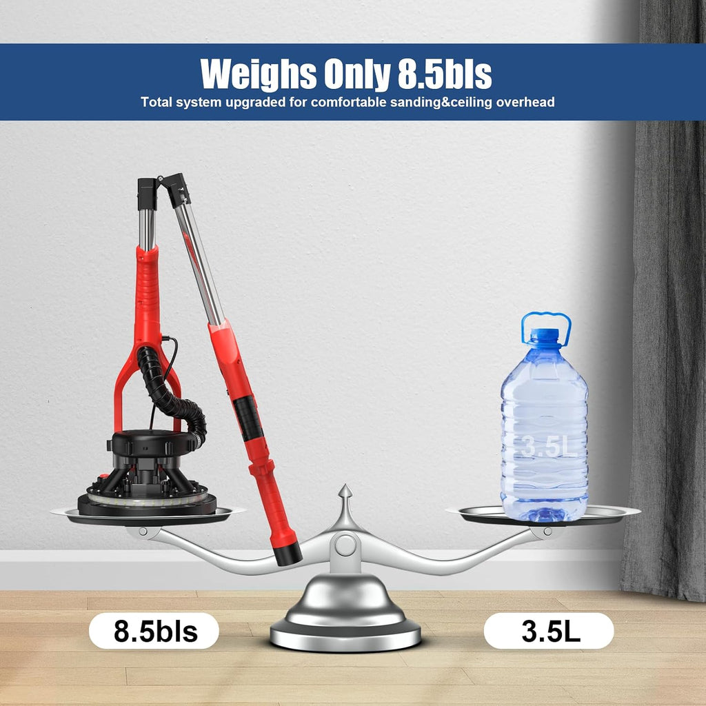 950W 8-Amp Drywall Sander with Vacuum Attachment, Lijadora para Drywall, 7 Variable Speed with Vacuum Dust Collector, Lightweight with 360° Light for Ceilng Floor Plastered Popcorn (Red)