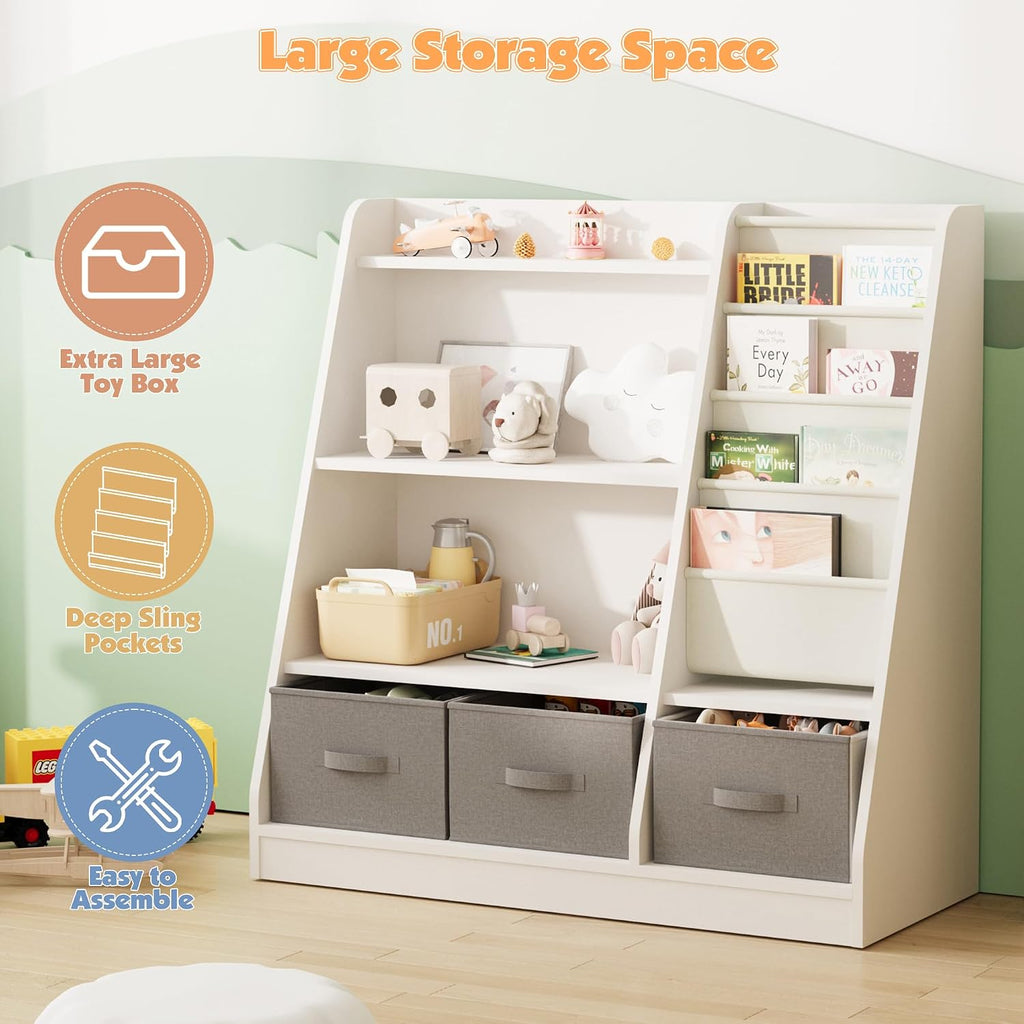 NACHES Kids Bookshelf and Toy Storage Organizer, Montessori Nursery Book Shelves with Sling Rack & Fabric Toy Bins, Toddler Baby Bookcase, Wooden Toy Shelf for Kids Room, Playroom, White-White