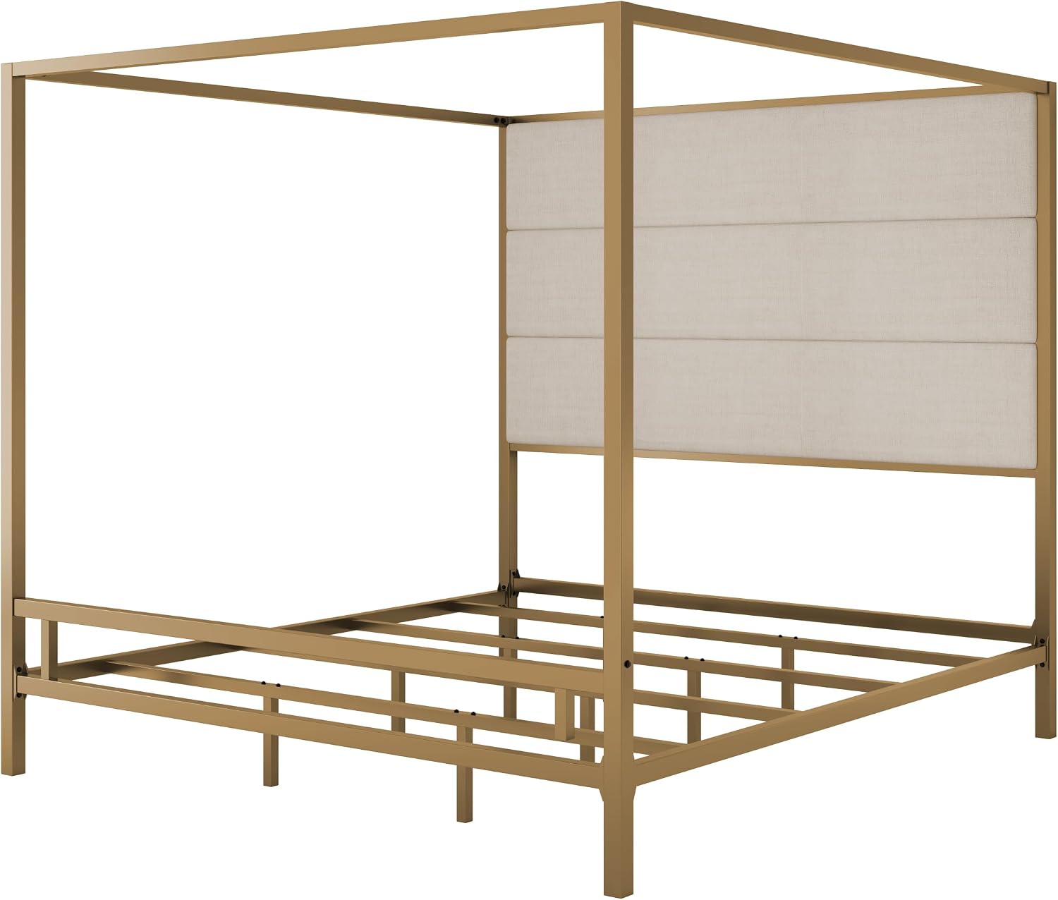 Modern Metal King Size Canopy Platform Bed with with Tall Linen Fabric Upholstered Headboard and 4 Poster Design, Box Spring Needed (Gold+Tan, King)