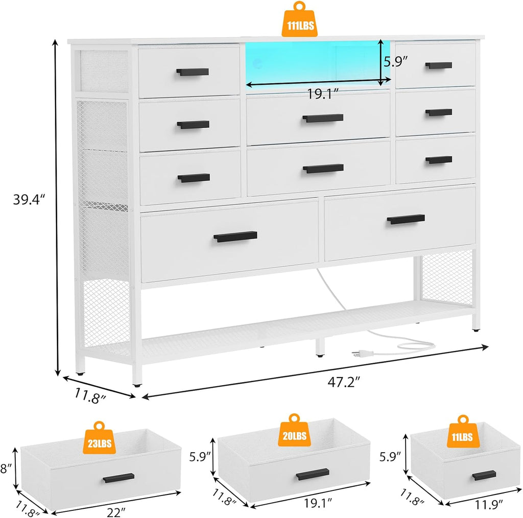 White Dresser for Bedroom, Fabric Chest of Drawers with Charging Station and LED Light, TV Stand Dresser with Shelves for 55' TV, 10 Drawers Dressers with PU Finish for Living Room, Closet