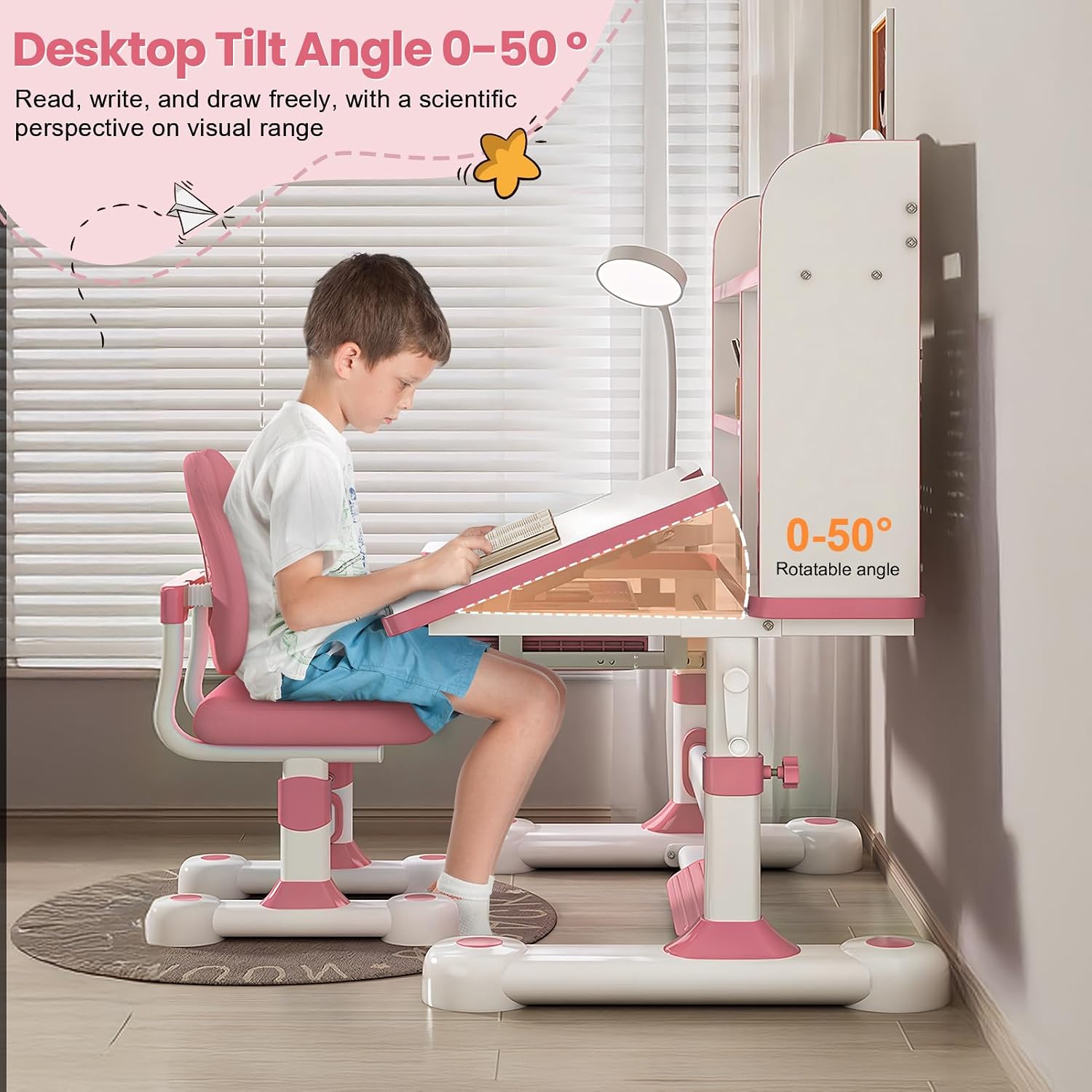 Kids Functional Desk and Chair Set – Ergonomic Height Adjustable Art Desk with One-Touch Tilting Desktop, Book Stand, Reading Rack & Storage Drawer for Children Boys & Girls (013-Pink)