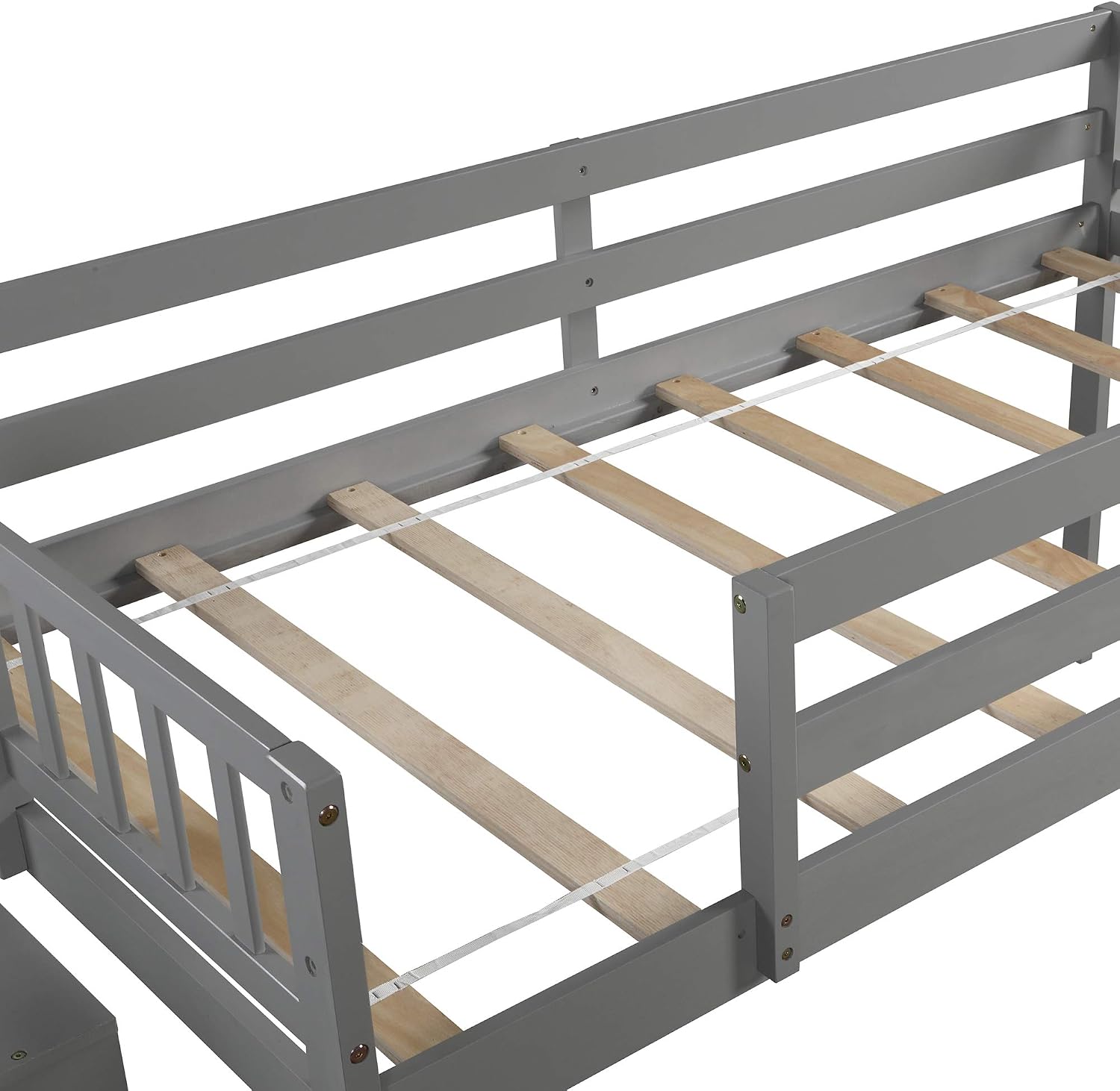 Twin Low Loft Bed with Adjustable Slide/Staircase/Storage Shelves for Kid/Boy/Girl/Teens, Full-Length Guardrails, Solid Wood, Space-Saving (Gray+Low Loft Bed)