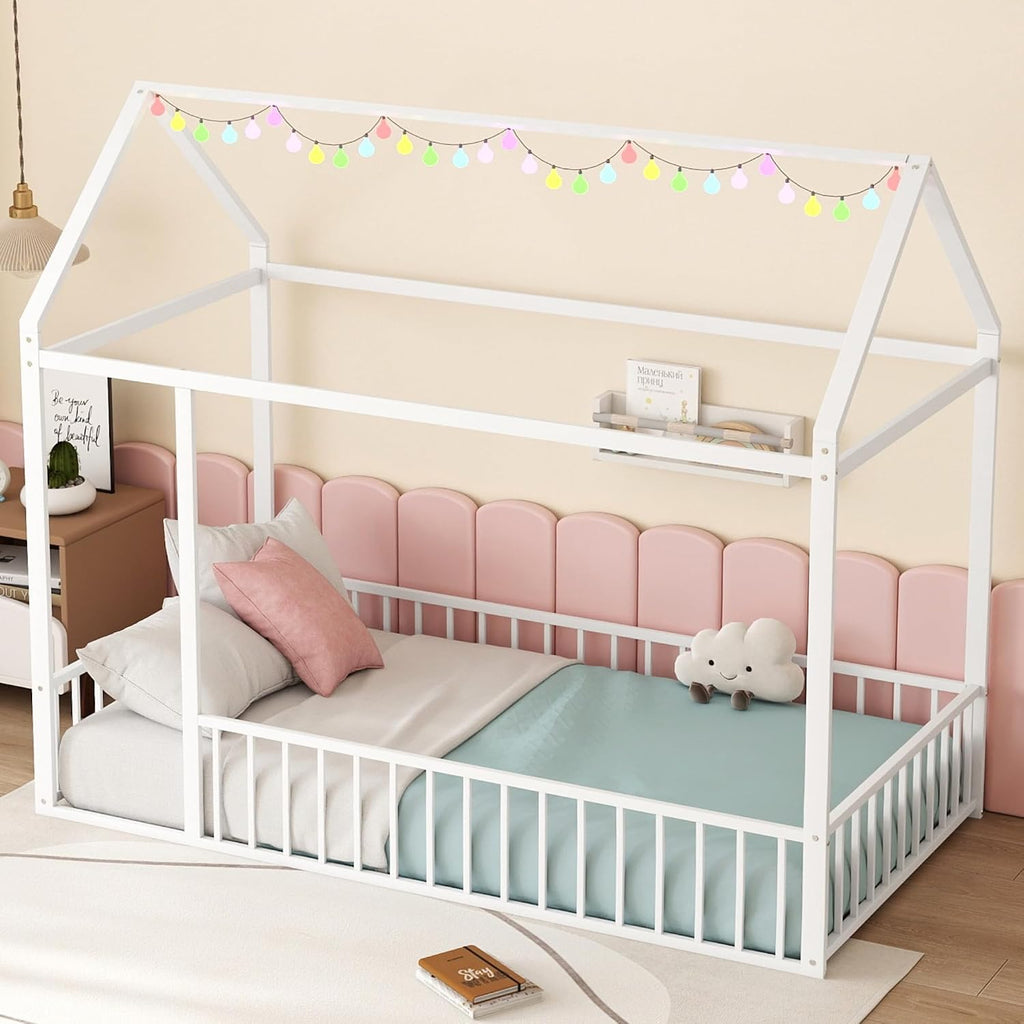 Bellemave Twin Floor Bed Frame, Metal Montessori Floor Bed Twin with Fence for Boys Girls Bedroom Playhouse for Kids No Slat, Easy Assembly House Shaped Floor Beds White