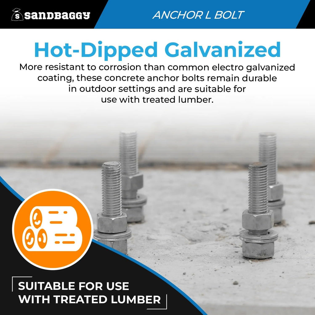 Sandbaggy 5/8' X 8' Threaded Concrete Anchor L-Bolts (Nuts & Washers Included) - Hot Dipped Galvanized - Sill Plate, Base Plate, Masonry, Wood, Cement Anchors, J Bolt (75, 5/8' x 8')