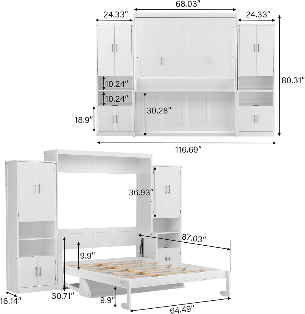 PVWIIK Queen Size Murphy Bed with Storage Drawers & Desk,Wall Bed Frame Folding into Cabinet Design w/Charging Station & Storage Shelf for Small Space,Bedroom,Guest Room,White