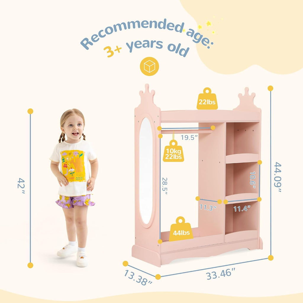 Curipeer Kids Dress up Storage with Mirror, Kids Wardrobe with Storage & 3 Hooks, Kids Closet for Girls Boys, Kids Costume Organizer, Open Hanging Armoire Wardrobe Closet for Bedroom, Pink