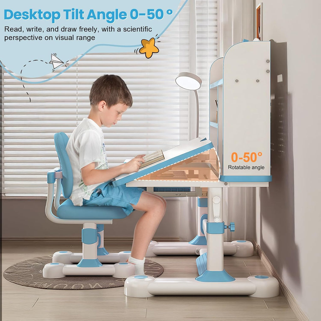 Kids Functional Desk and Chair Set – Ergonomic Height Adjustable Study Desk with One-Touch Tilting Desktop, Book Stand, Reading Rack & Storage Drawer for Children Boys & Girls (Blue)