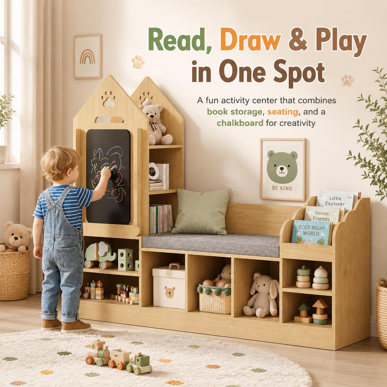 Xilingol Kids Reading Nook with Storage Bench and Chalkboard, Wooden Kids Bookshelf and Toy Storage, Toy Organizer for Boys & Girls, Toddler Reading Nook for Bedroom, Nursery, Playroom, Natural Oak