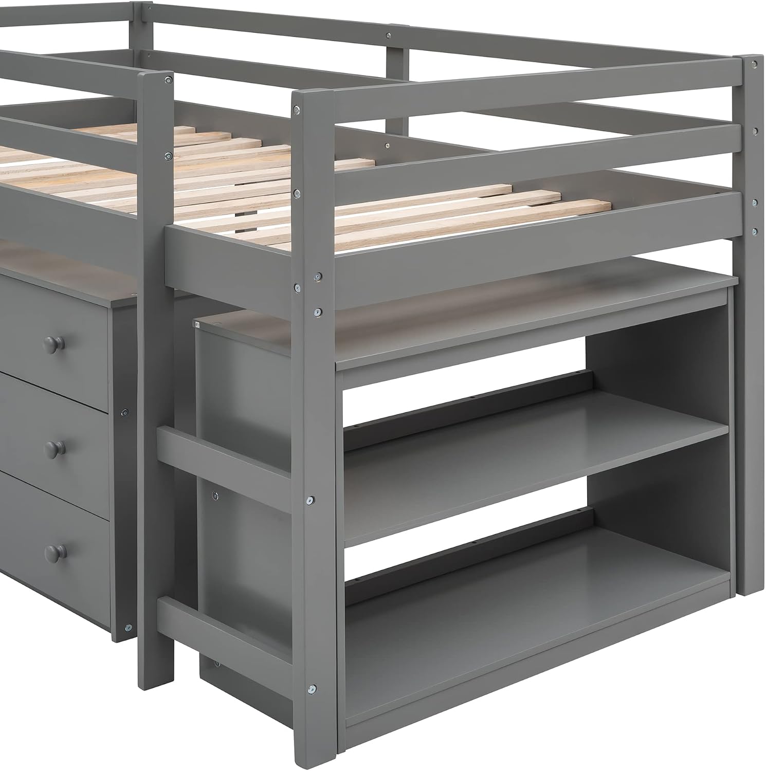 JIVOIT Twin Size Low Loft Bed with Rolling Portable Desk, Wooden Loft Bed with Cabinet/Bookshelf/Drawers/Open Shelves for Kids Teens Adults, No Box Spring Required (Gray-Twin-Rolling Portable Desk)