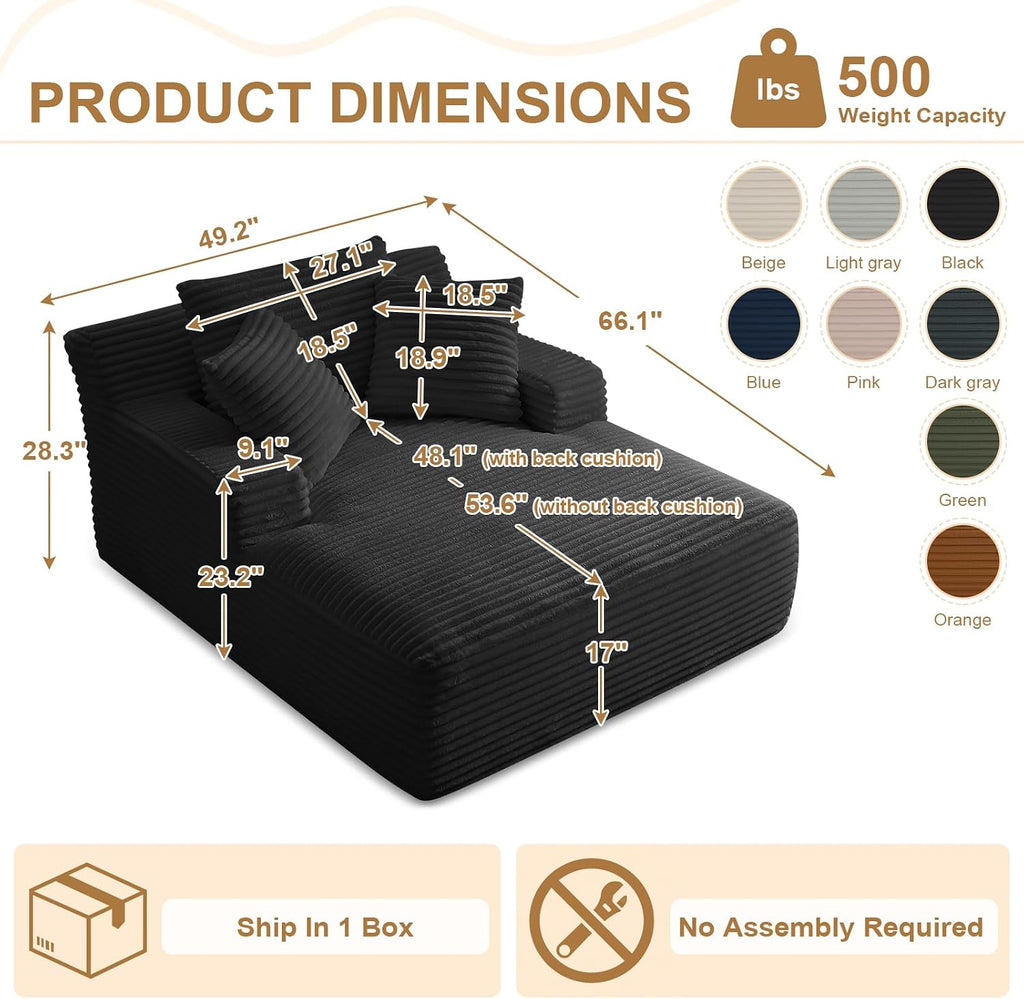 Oversized Chaise Lounge Chair Indoor, 66' Cloud Boneless Sleeper Couch Corduroy Upholstered Sofa Bed Deep Seat Comfy Reading Chair with 3 Pillows for Living Room Bedroom, Black