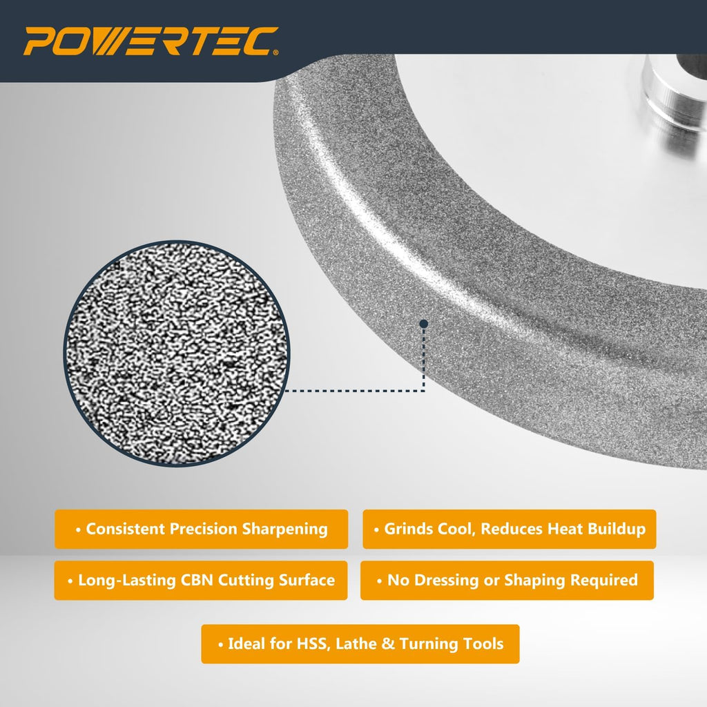 POWERTEC CBN Grinding Wheel 8 Inch 80 Grit, 1-1/2' Wide, 5/8' Arbor – 4-in-1 CBN Sharpening Wheel with 1/4' Radius Edge and Side Face for Bench Grinder (15707)