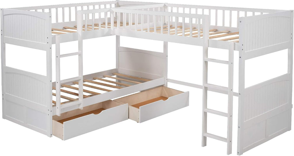 Flieks Triple Bed Twin-Over-Twin-Over-Twin Bed L Shaped Bunk Bed with 2 Drawers and 2 Ladders, No Box Spring Needed