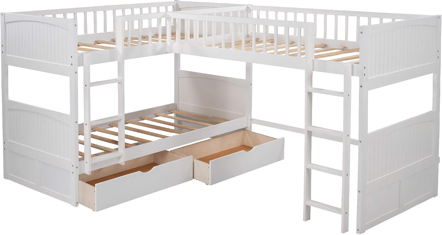 Flieks Triple Bed Twin-Over-Twin-Over-Twin Bed L Shaped Bunk Bed with 2 Drawers and 2 Ladders, No Box Spring Needed