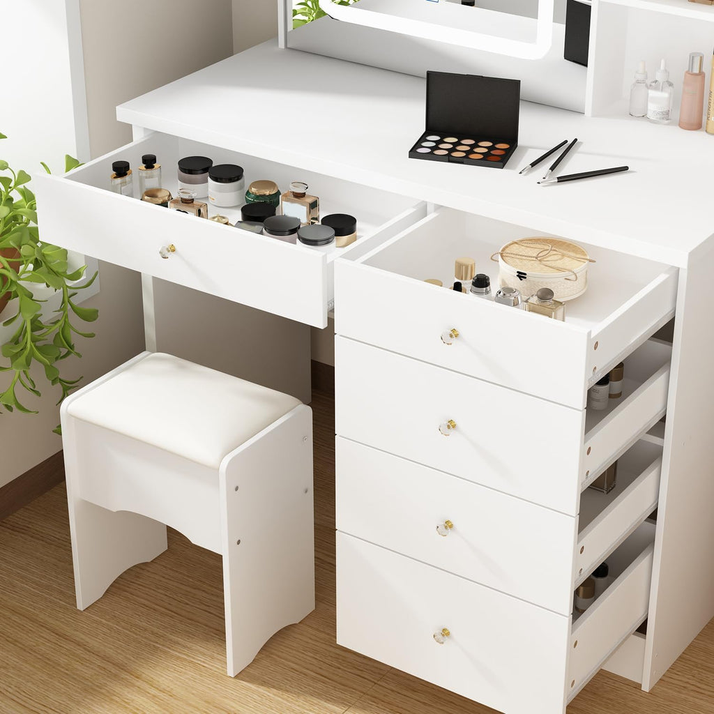 Vanity Desk Set with Lighted Mirror, Makeup Vanity with Drawer & Shelf, Dressing Table with Cushion Stool, Vanity Set for Bedroom, White