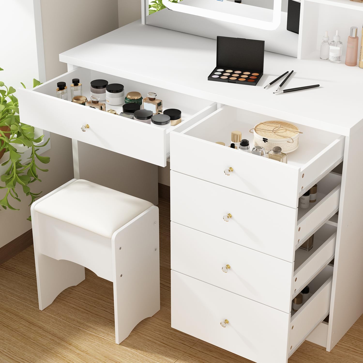 Vanity Desk Set with Lighted Mirror, Makeup Vanity with Drawer & Shelf, Dressing Table with Cushion Stool, Vanity Set for Bedroom, White