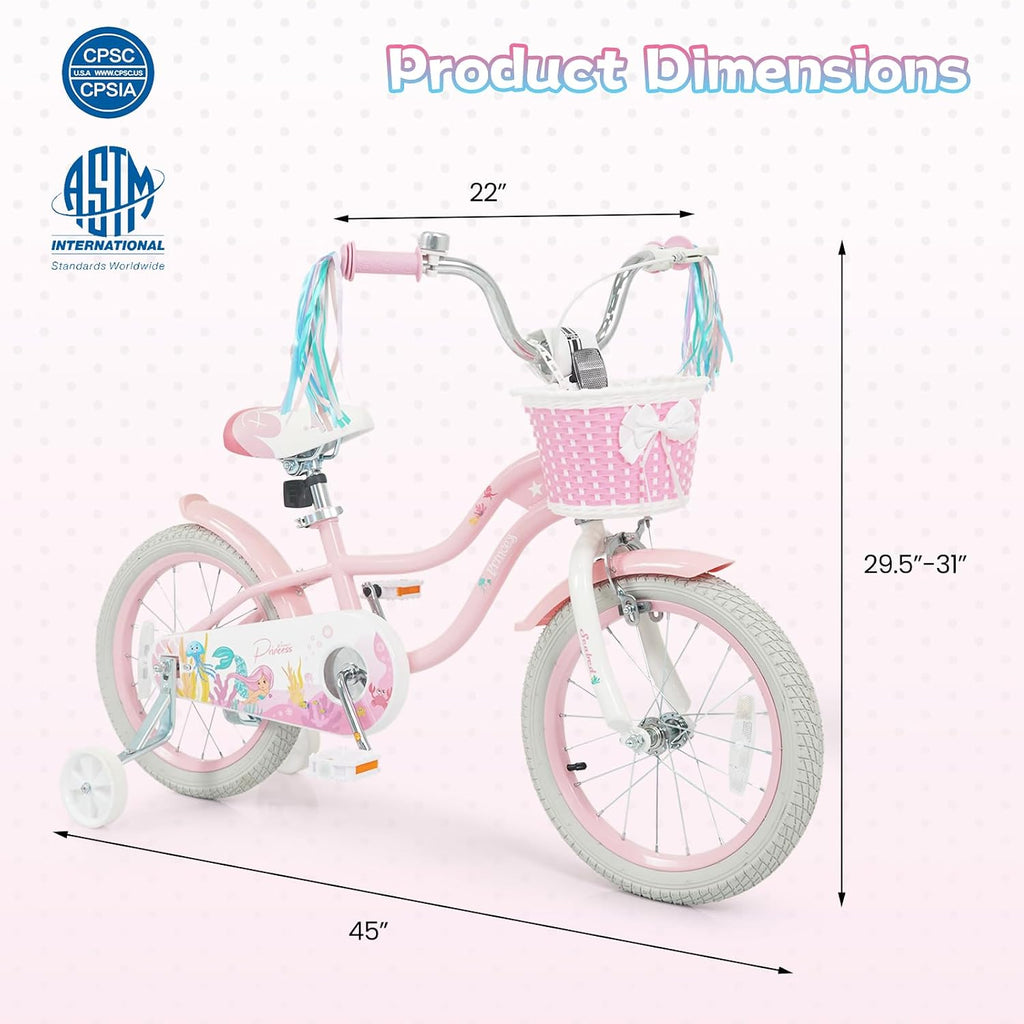 HONEY JOY Kids Bike, 12 14 16 18 Inch Girls Bike w/Training Wheels, Streamers, Basket, Handbrake & Coaster Brake, Fully Enclosed Chain, Mermaid Princess Children Bike for 3-8 Years Old