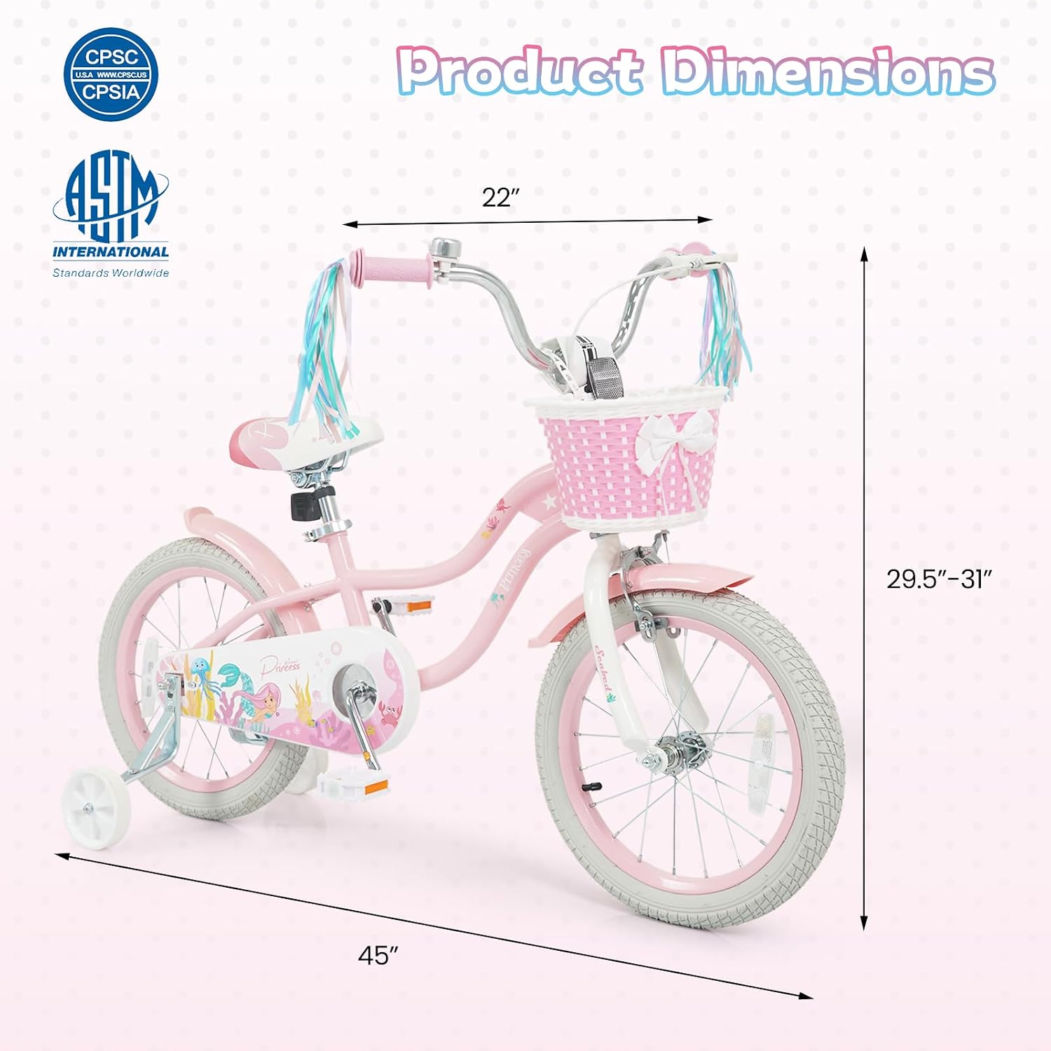 HONEY JOY Kids Bike, 12 14 16 18 Inch Girls Bike w/Training Wheels, Streamers, Basket, Handbrake & Coaster Brake, Fully Enclosed Chain, Mermaid Princess Children Bike for 3-8 Years Old