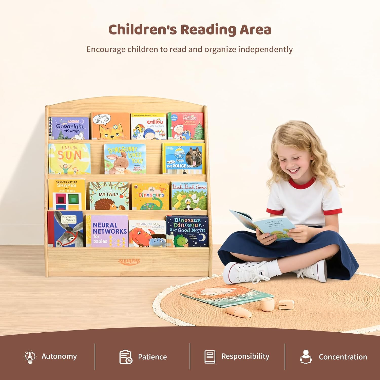 Montessori Bookshelf, 4 Tier Kids Bookshelf – Safe, Sturdy, and Easy to Clean, Premium Wooden Book Shelf for Kids Rooms, Playroom, Classroom, Nursery（31-1/2' D x 11-4/5' W x 31-1/2' H）