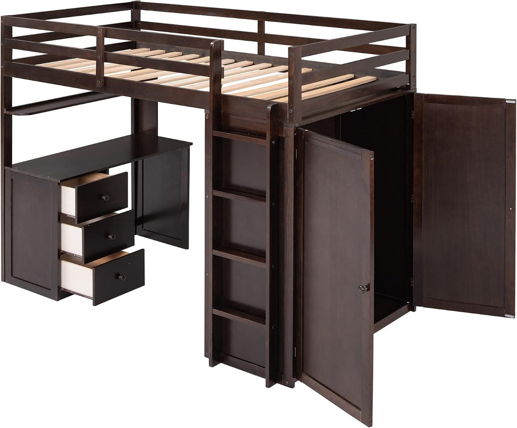 Twin Size Loft Bed with Drawers and Desk, Wardrobe, Ladder for Kids, Adults, Girls, Bedroom, Easy Assembly, No Box Spring Needed, Space-Saving, Espresso