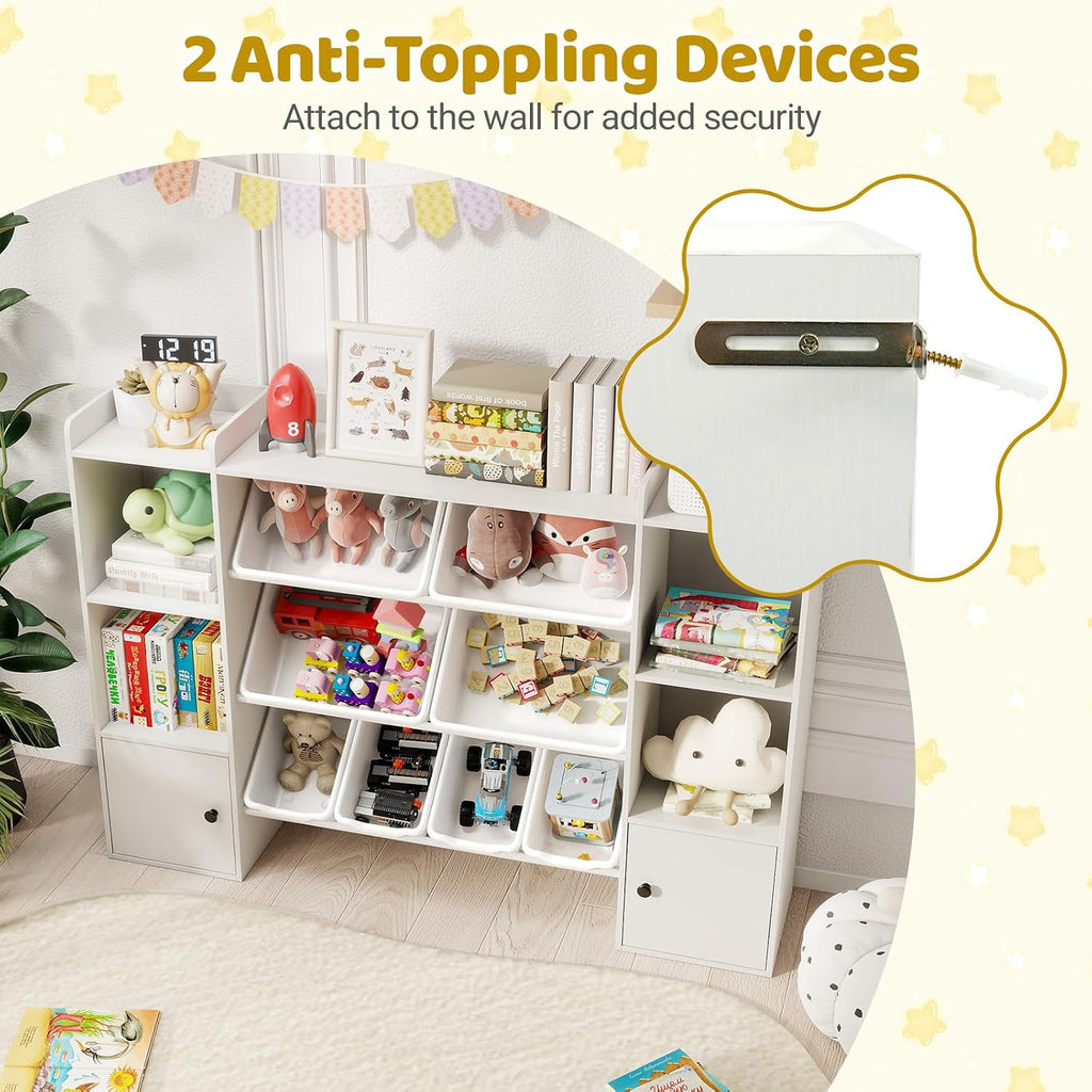 Costzon Kids Toy Storage Organizer w/ 8 Bins, Wooden Toddler Bookcase w/Open Shelves & Cabinet, Multifunctional Toy Storage Cabinet for Kids Room, Nursery & Playroom