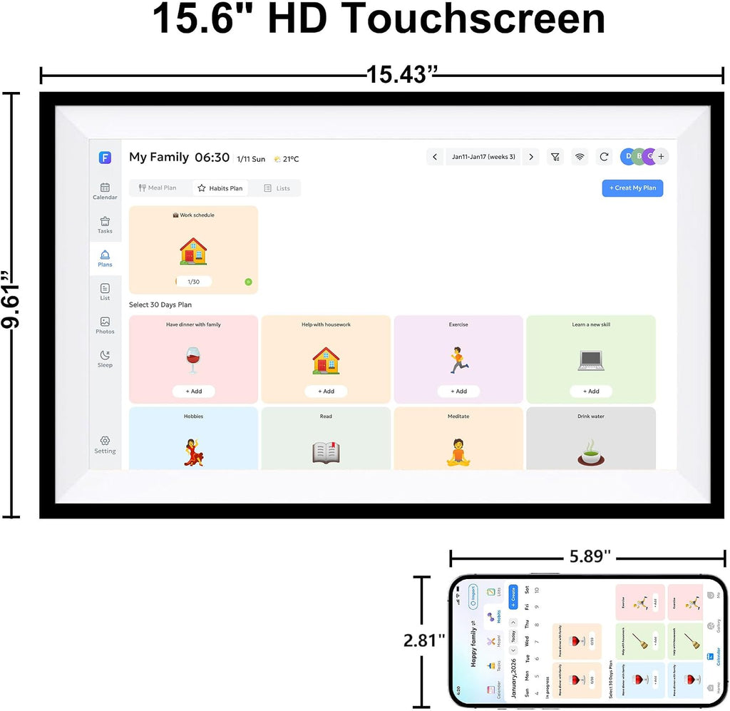 Digital Calendar Wall Touch Screen 15.6' HD Smart Family Planner | Whole-Family Schedule Sync, Chore Rewards & Meal Planning, Zero Subscription Fees, Photo Frame
