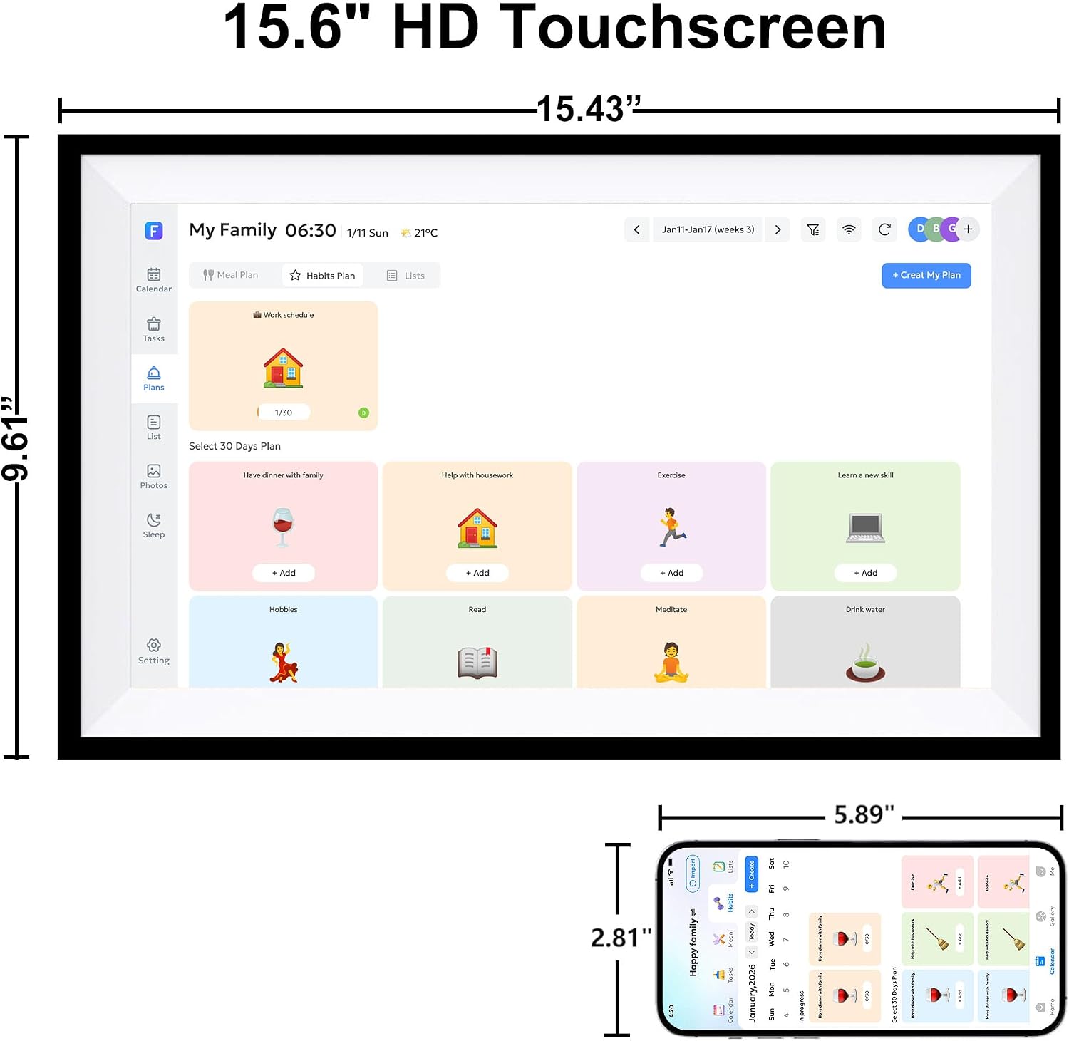 Digital Calendar Wall Touch Screen 15.6' HD Smart Family Planner | Whole-Family Schedule Sync, Chore Rewards & Meal Planning, Zero Subscription Fees, Photo Frame