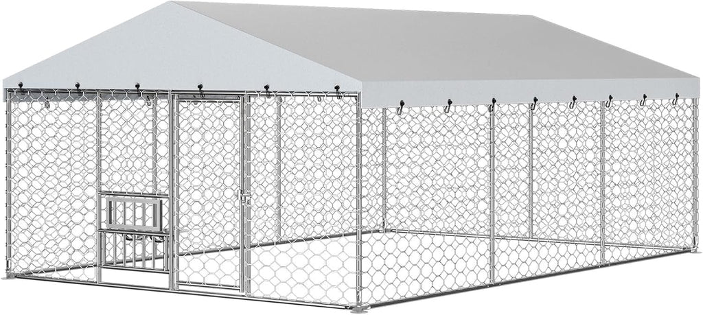 Lyromix 10 x 15FT Outdoor Dog Kennel with Roof & Feeding Bowls, Heavy Duty Galvanized Chain Link Structure, Outdoor Dog Pen with Secure Lock for Yard