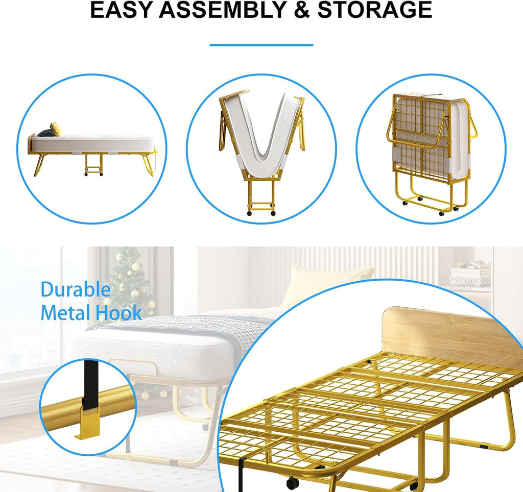 PUREMIND Roll Away Beds with Mattresses for Adults，'75' x 31'' Single Folding Bed Portable Foldable Bed,Metal Frame with Dust Cover and Baffle, Perfect for Bedroom, Apartment, or Office