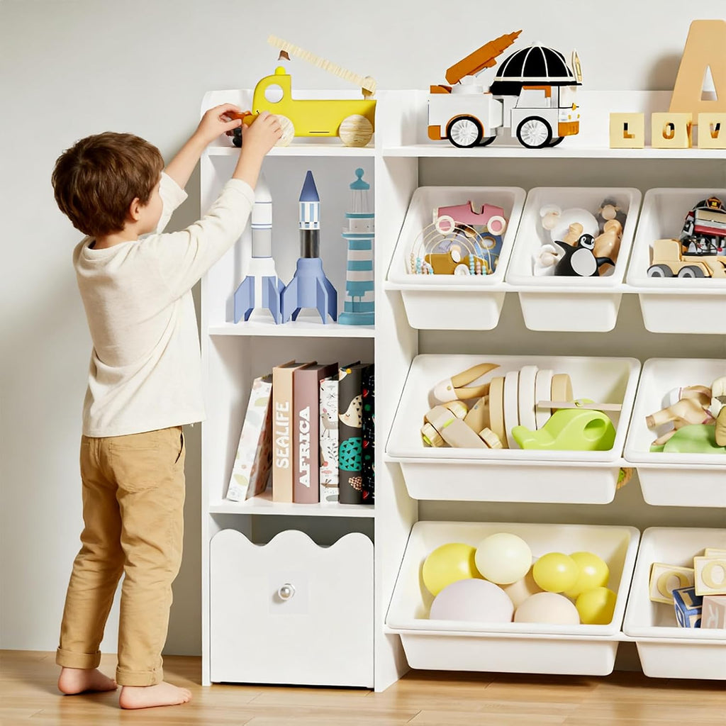 HOMMPA 55' W Kids Toy Storage Organizer with 2 Movable Drawer 4-Tier Bookshelf for Kids Children's Organizer Cabinet with 8 Toy Bins for Playrooms, Classroom and Nurseries,White