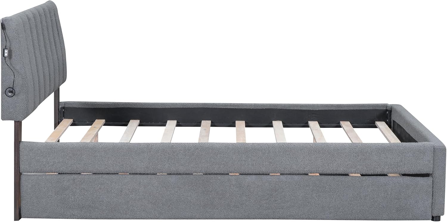Teddy Fleece Full Size Upholstered Platform Bed Frame for Boys Girls Kids Adults Toddler with Trundle, Gray