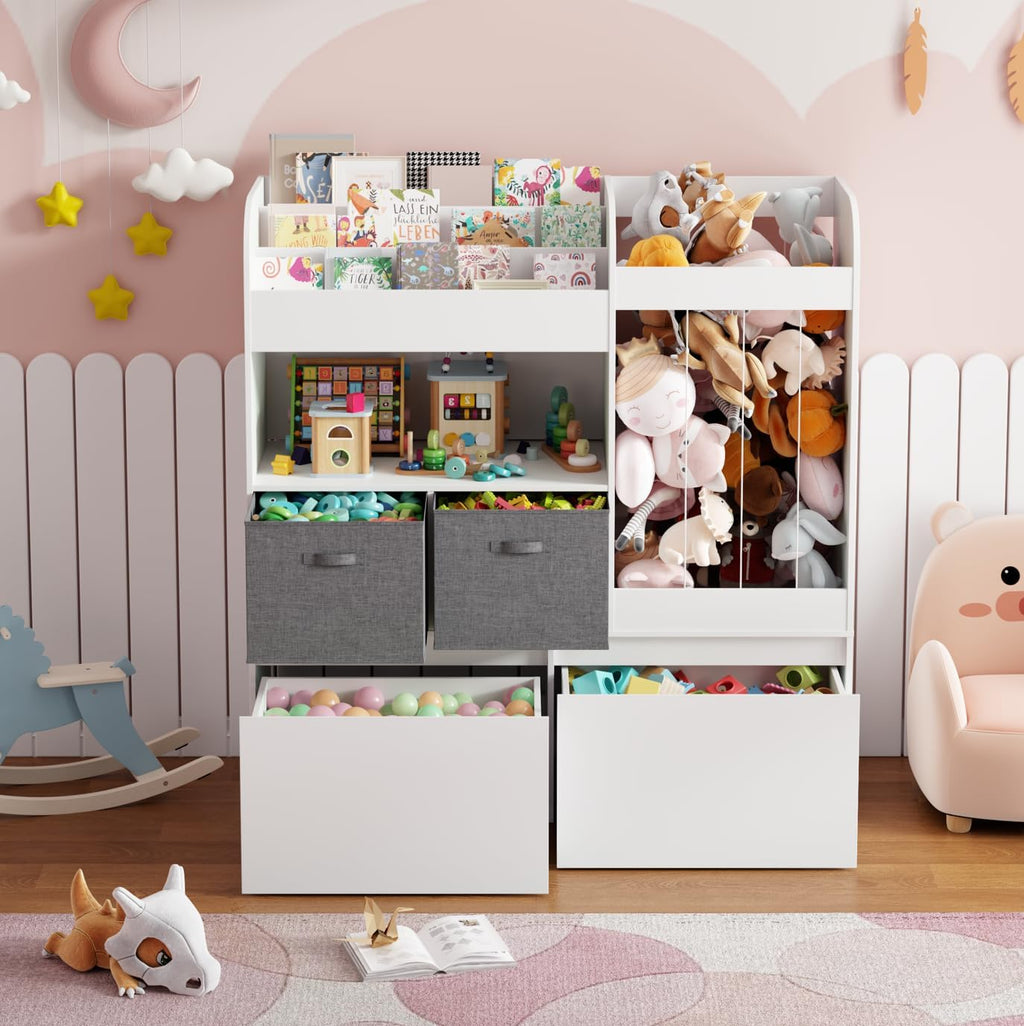 42.9'' Toy Storage, Large Stuffed Animal Holder with Toy Chest and Play Mat, Toy Organizer with Kids Bookshelf, Wooden Organization with 2 Movable Drawers for Kids Room Bedroom Playroom,White