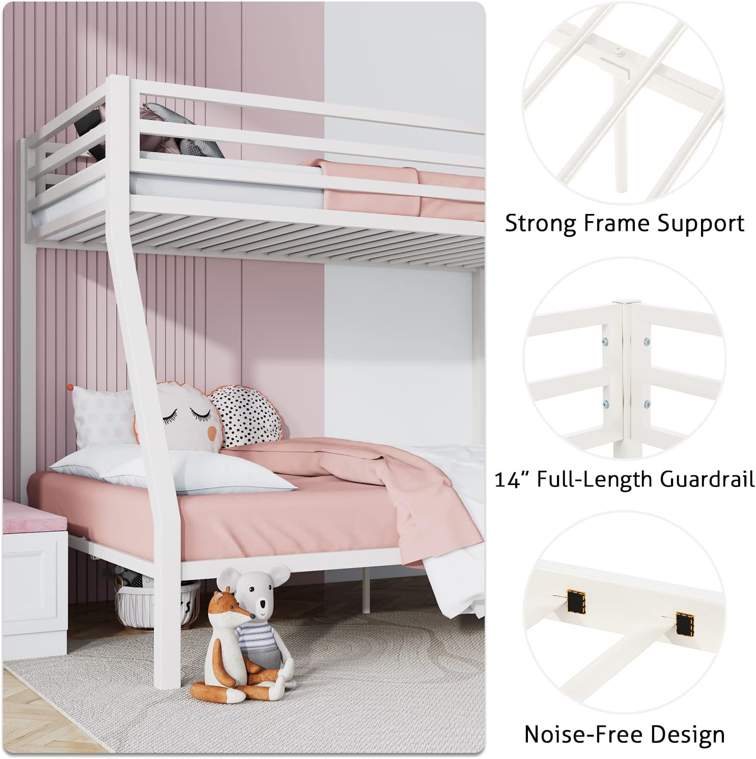 SHA CERLIN Loft Bunk Bed Twin Over Full Size with Ladder and Guardrail,Heavy Duty Metal Slats Support No Box Spring Needed Small Space Saving Furniture for Bedroom Dorm,White