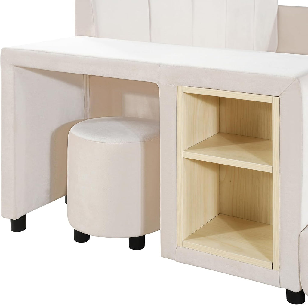 Full Size Upholstered Grounded Bed,Mother & Child Bed with Bedside Desk and Little Round Stool,for Kids Boys Girls Bedroom Use (Beige@Desk/, Full)