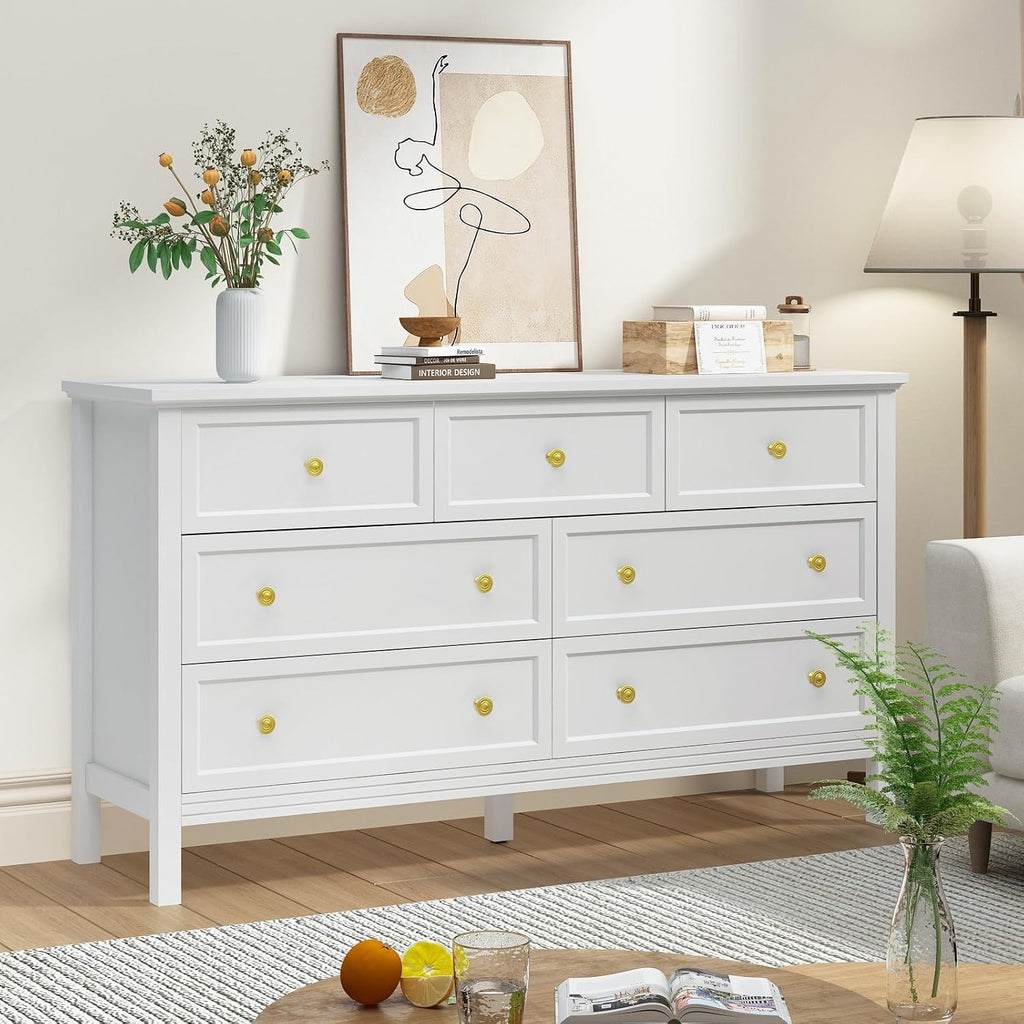 CARPETNAL White Dresser for Bedroom, 7 Drawer Dresser with Wide Drawers and Gold Metal Handles, 55' White and Gold Dressers TV Stand, Modern Dressers & Chests of Drawers for Hallyway, Entryway