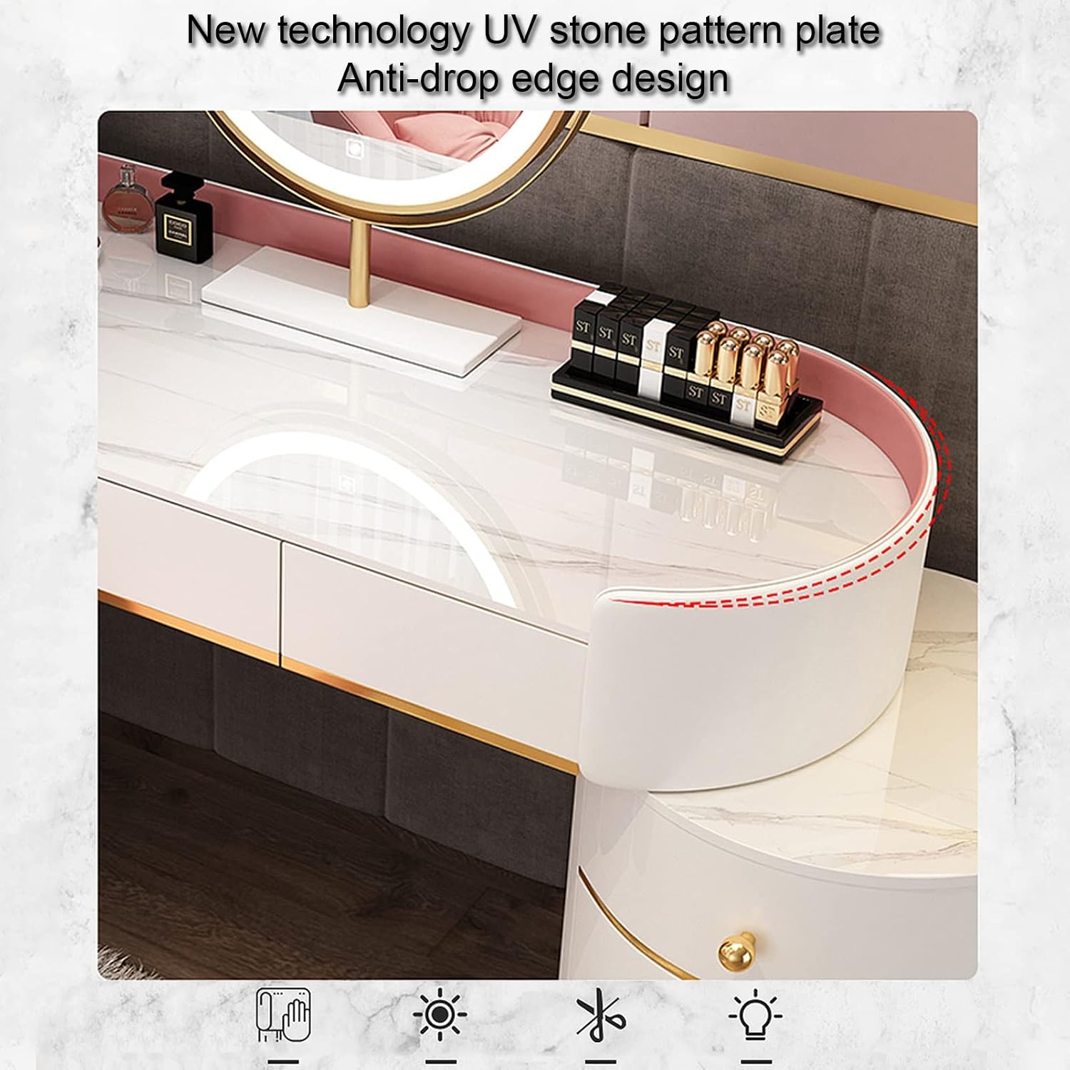 Dressing Table Makeup Vanity Table, with Adjustable LED Mirror 3 Color Lighting, Round Vanity Desk Bedside Table and Cushioned Stool Set, Bedroom Furniture Decor(White+Gray B-120cm/47.2in)