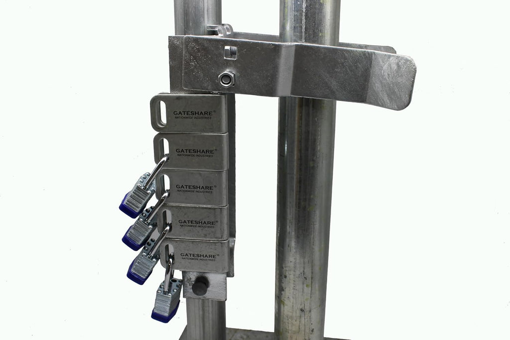 GateShare® Multi-Lock Latch for Single Walk Chain Link Gate 1-5/8' or 2' Gate Frame and Latching on a 2-1/2' Post. Up to 5 Padlocks - GSL-5-25 - Nationwide Industries