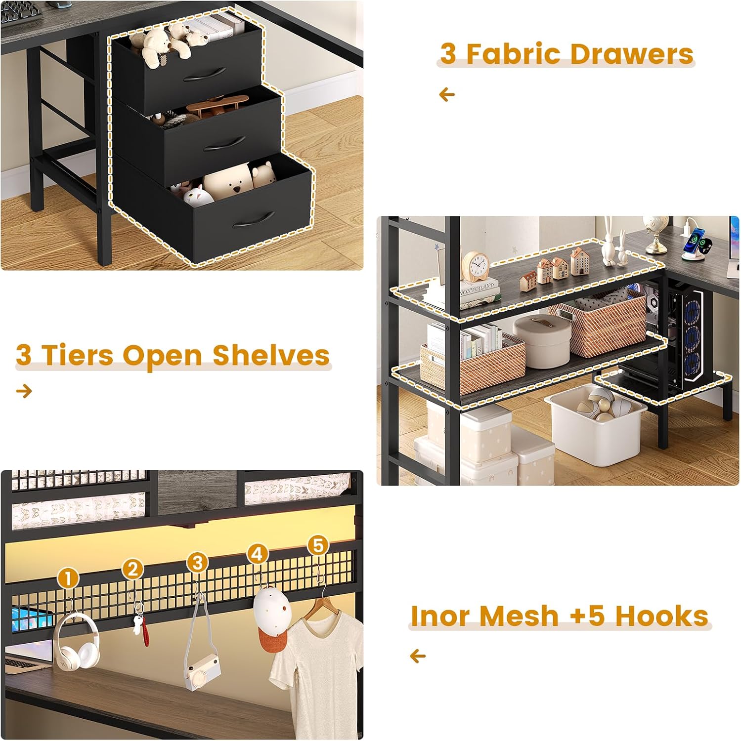 ADORNEVE Loft Bed Full Size with L-Shaped Desk, 3 Storage Drawers, Power Outlet, 3 Storage Shelves, Metal Loft Bed Frame with RGB Lights, Bed with Safety Guardrail & Ladders,Space-Saving, Grey