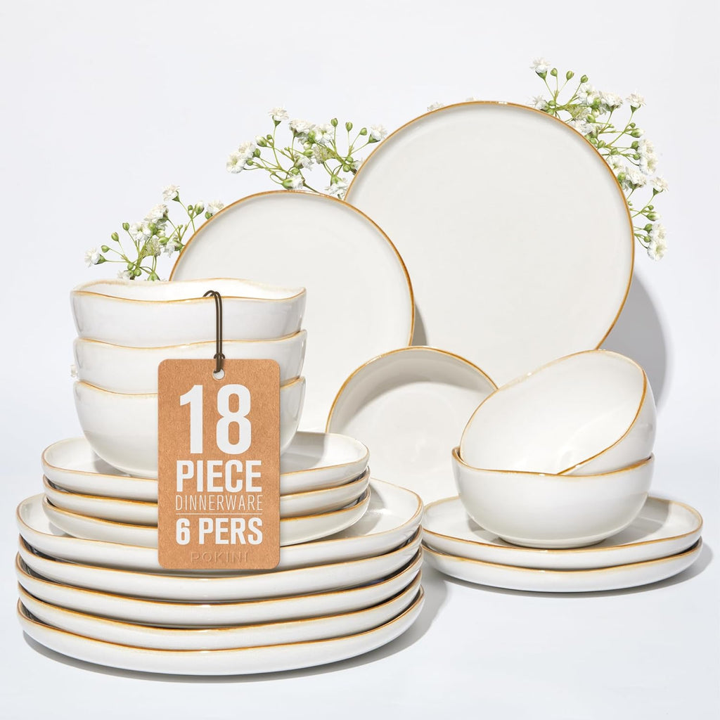 Pokini 18 Piece White Reactive Glaze Dinnerware Set for 6, Irregular Coastal Shape Stoneware | Elegant & Minimal Design for Daily Family Dinners or Weekend Guests