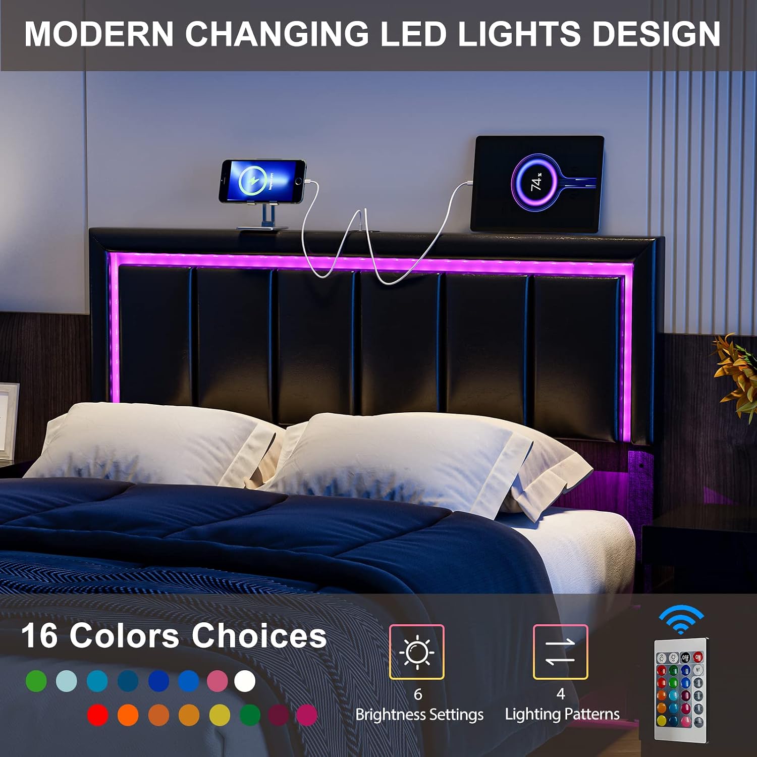 IKIFLY Full Size LED Headboard with 2 USB Ports, Adjustable Height - Modern Upholstered Faux Leather Full Headboard Only with Changing LED Lights, Easy Assembly, Black