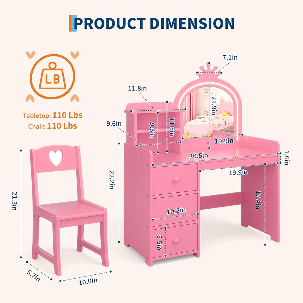 Garvee Kids Vanity with Lights, 2 in-1 Wooden Toddler Vanity Table with Stool & Drawer,Princess Pretend Play Makeup Vanity Princess Makeup Desk Dressing Table for Little Girls,Christmas Birthday Gift