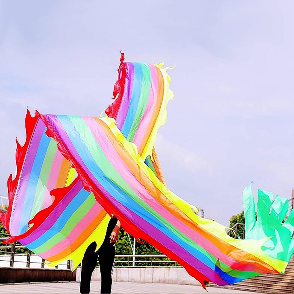 OVARIA Dragon Dance Fitness Ribbon 3D Dragon Head and Swing Rope Combo Chinese Wulong Flowy Ribbon Streamer Outdoor Fitness Dragon Stage Prop Set(Rainbow,33ft)