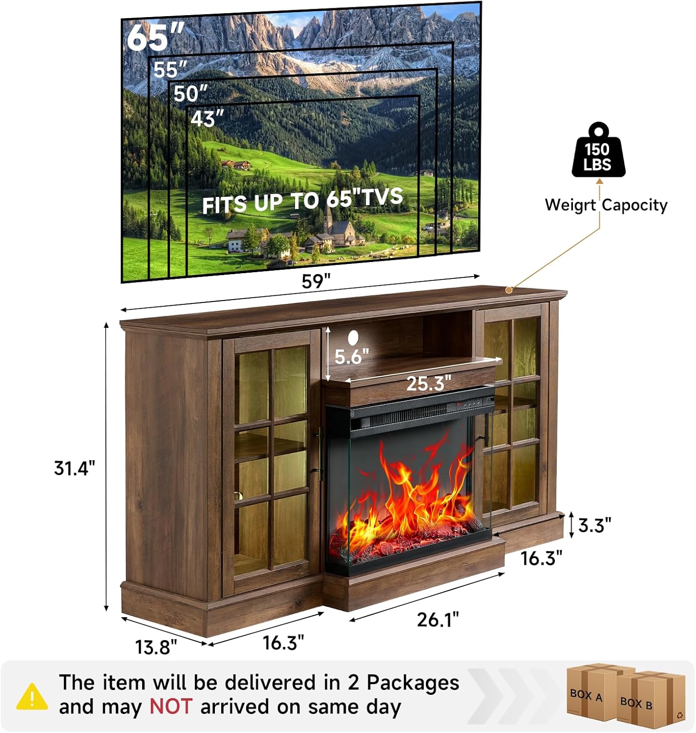 ROCKPOINT 3 Sided Glass 59' Fireplace TV Stand for TVs up to 65 Inch, Media Entertainment Center with Glass Door Storage Cabinet, 24' Electric Fireplace with LED Light and Flame Colors, Espresso