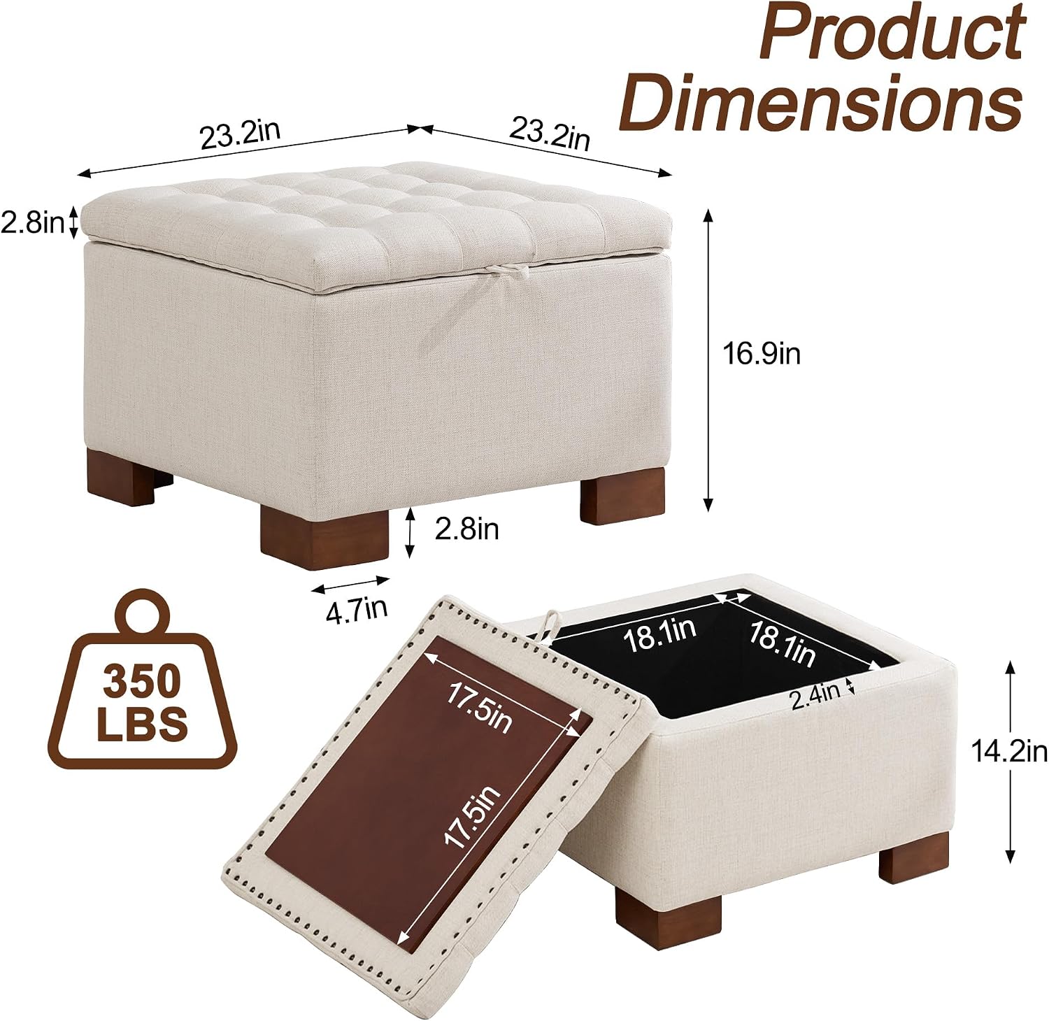 WUTUTUEE 24' Square Fabric Storage Ottoman with Wooden Tray Top, Modern Tufted Button Upholstered Footstool Coffee Table, Multifunctional Small Storage Ottoman for Living Room Bedroom, Beige